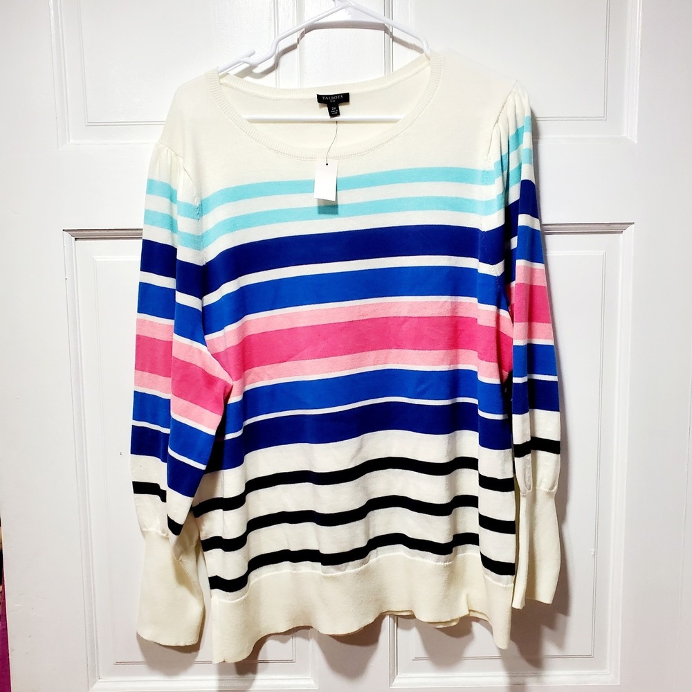 Talbots Striped Sweater Womens 2X Blue Pink Puff Sleeve Cotton Blend NWT Casual